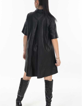 Φόρεμα δερματίνη Μαύρο με polo γιακά 