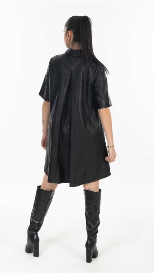 Φόρεμα δερματίνη Μαύρο με polo γιακά 