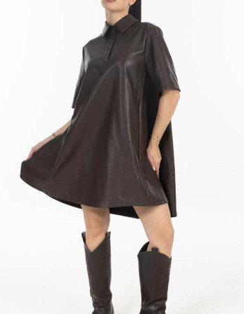 Φόρεμα δερματίνη Καφέ με polo γιακά