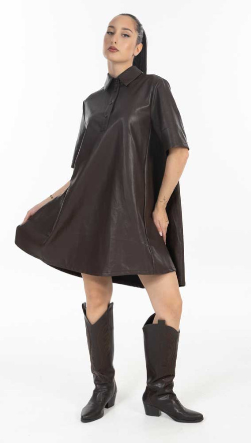 Φόρεμα δερματίνη Καφέ με polo γιακά