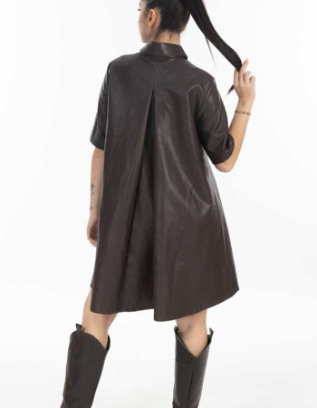 Φόρεμα δερματίνη Καφέ με polo γιακά