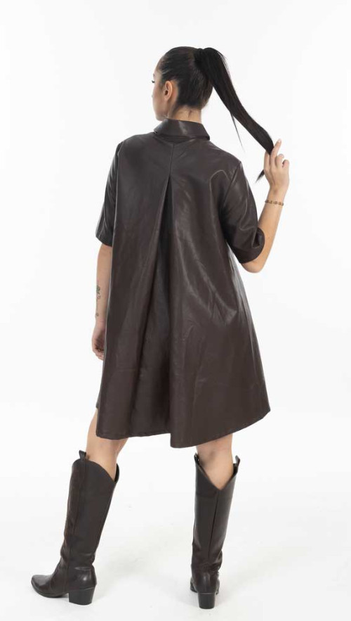 Φόρεμα δερματίνη Καφέ με polo γιακά