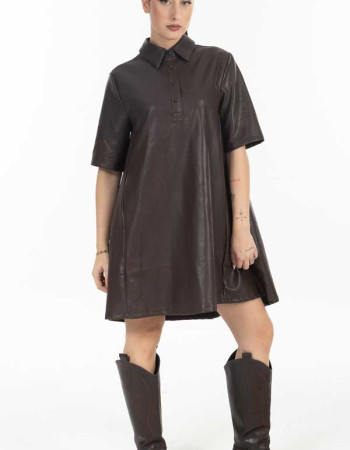 Φόρεμα δερματίνη Καφέ με polo γιακά