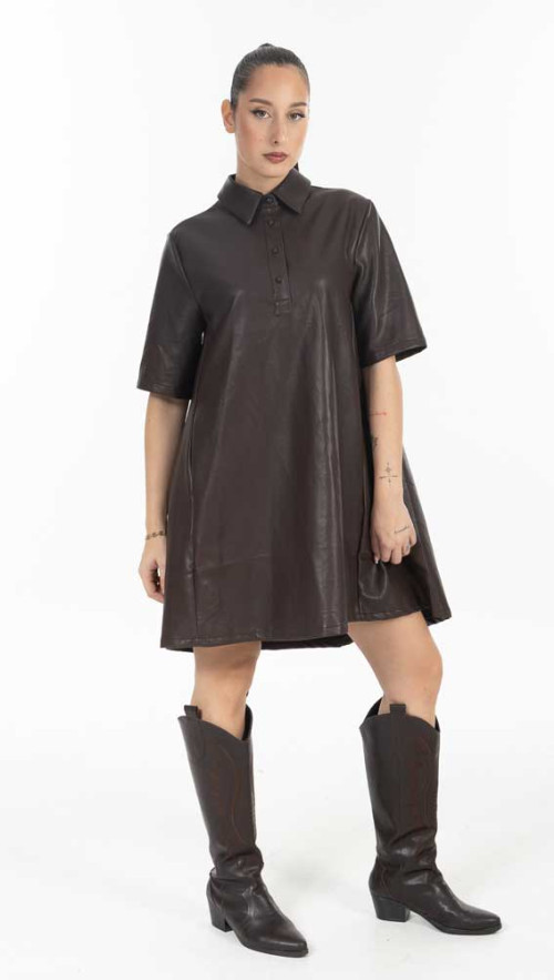 Φόρεμα δερματίνη Καφέ με polo γιακά