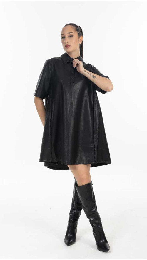 Φόρεμα δερματίνη Μαύρο με polo γιακά 