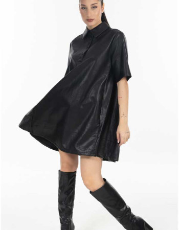 Φόρεμα δερματίνη Μαύρο με polo γιακά 