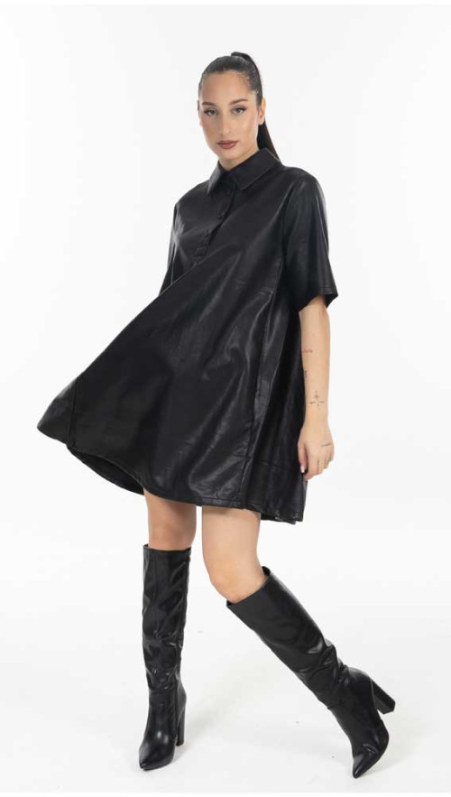 Φόρεμα δερματίνη Μαύρο με polo γιακά 