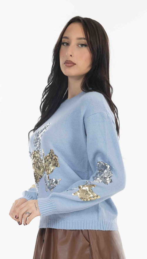 Πλεκτο πουλοβερ σε γαλαζιο χρωμα με παγιετες 