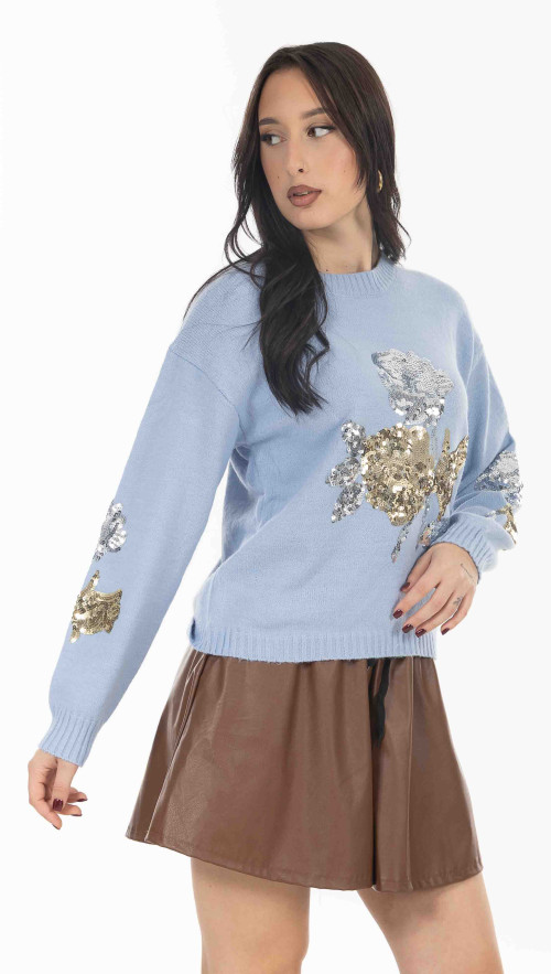 Πλεκτο πουλοβερ σε γαλαζιο χρωμα με παγιετες 