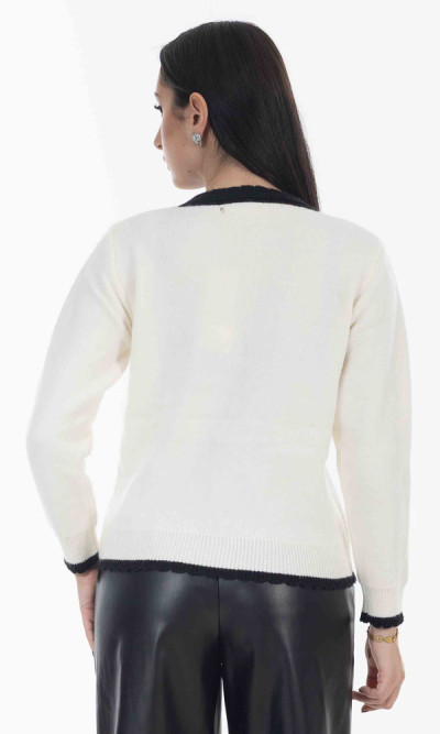 Μπλούζα πλεκτή εκρού με τσέπες στο στήθος και πέρλες