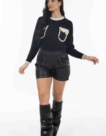 Μπλούζα Πλεκτή Μαύρη με τσέπες στο στήθος και πέρλες