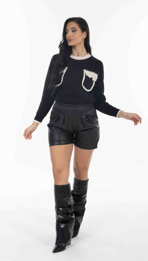 Μπλούζα Πλεκτή Μαύρη με τσέπες στο στήθος και πέρλες