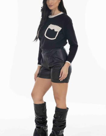 Μπλούζα Πλεκτή Μαύρη με τσέπες στο στήθος και πέρλες