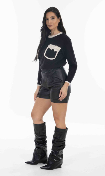 Μπλούζα Πλεκτή Μαύρη με τσέπες στο στήθος και πέρλες