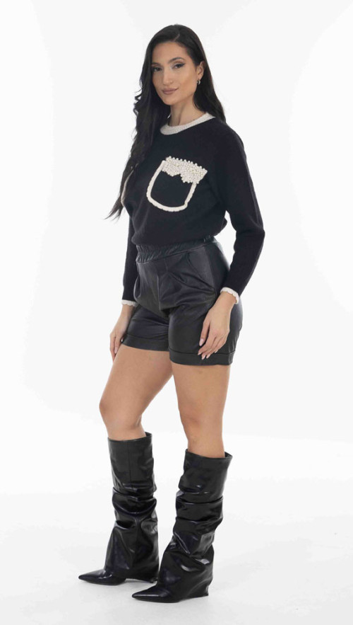 Μπλούζα Πλεκτή Μαύρη με τσέπες στο στήθος και πέρλες