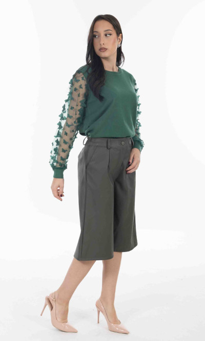 Μπλούζα Πράσινη πλεκτή με διαφάνεια στα μανίκια και πεταλούδες