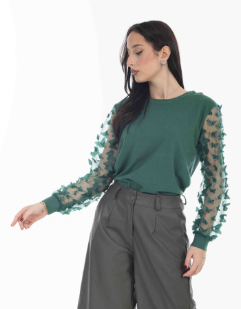 Μπλούζα Πράσινη πλεκτή με διαφάνεια στα μανίκια και πεταλούδες