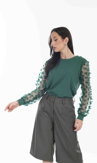 Μπλούζα Πράσινη πλεκτή με διαφάνεια στα μανίκια και πεταλούδες