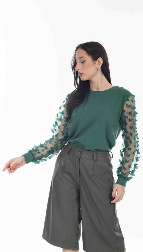 Μπλούζα Πράσινη πλεκτή με διαφάνεια στα μανίκια και πεταλούδες