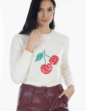 Μπλούζα πλεκτή με κερασάκια και παγέτα