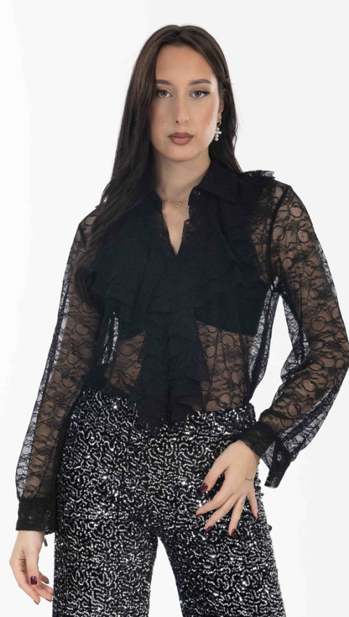 Πουκάμισο με δαντέλα σε μαύρη απόχρωση 